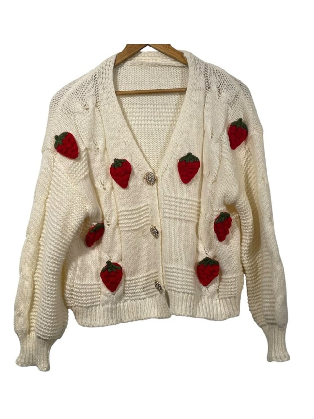 Women's Cream Knit Cardigan Sweater Strawberry Appliques Button Up L Soft Cozy